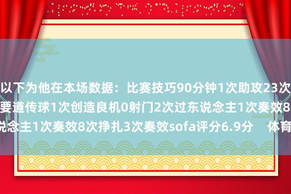 以下为他在本场数据：比赛技巧90分钟1次助攻23次触球传球奏效力86%1次要道传球1次创造良机0射门2次过东说念主1次奏效8次挣扎3次奏效sofa评分6.9分    体育赛事直播